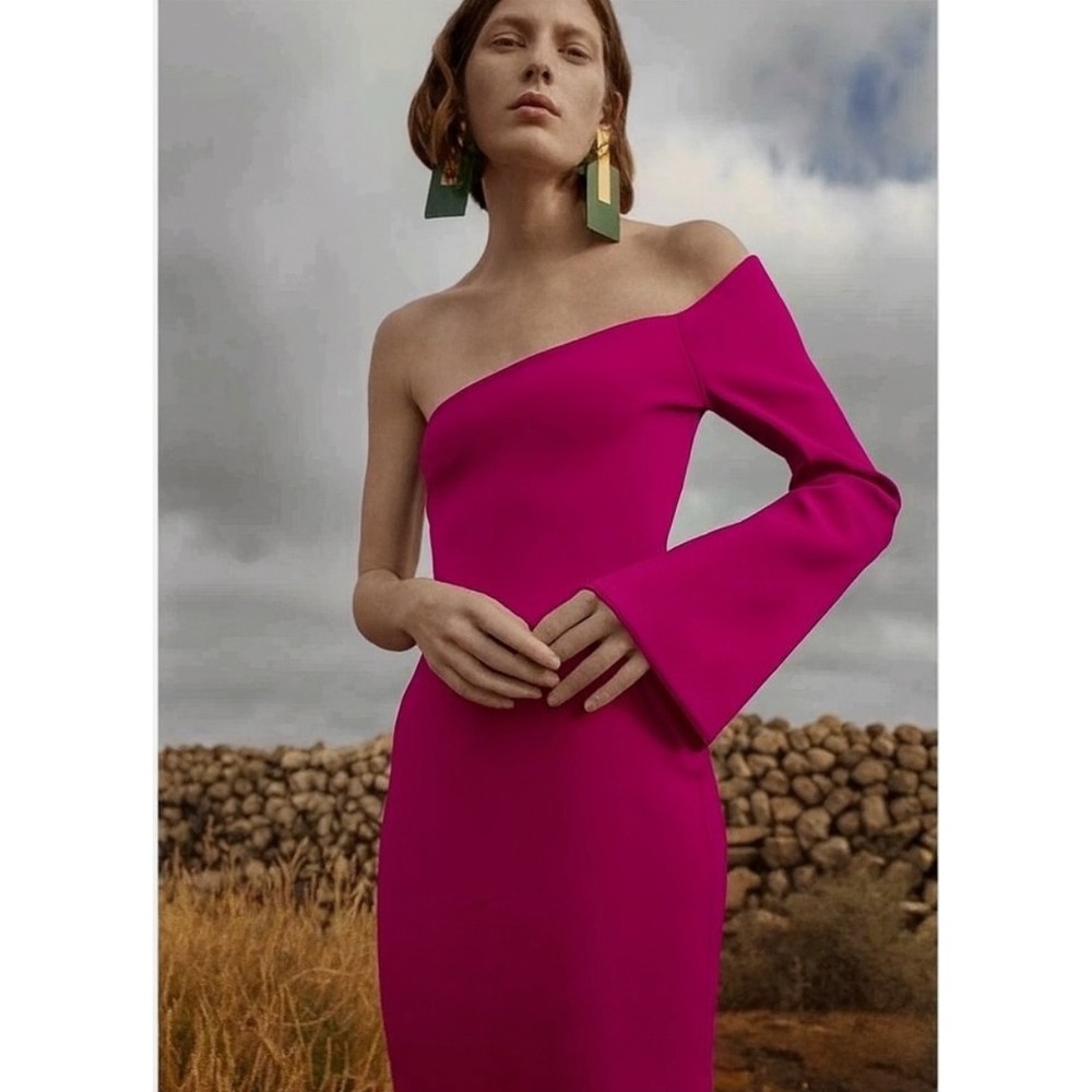 Solace London Fiorella One Shoulder Dress Hot Pink Crepe Knit Midi  US‎ 2 OS1913